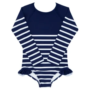minnow One Pieces<Girls Rashguard One Piece | Swim Navy Breton Stripe