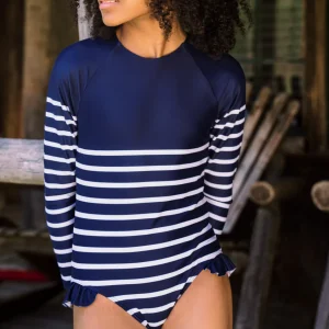 minnow Rashguards<Girls Rashguard One Piece | Swim Navy Breton Stripe
