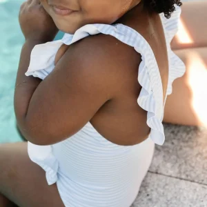 minnow One Pieces<Girls Ruffle One Piece Powder Blue Stripe