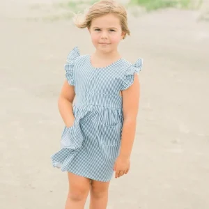 minnow Dresses<Girls Ruffle Sleeve Dress Navy Stripe