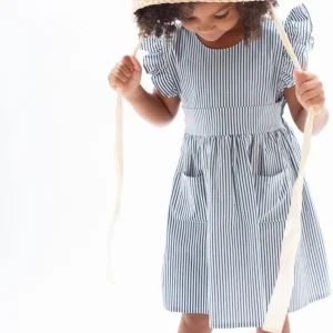 minnow Dresses<Girls Ruffle Sleeve Dress Navy Stripe