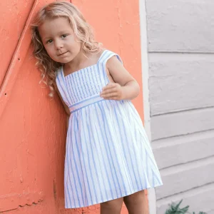 minnow Dresses<Girls Smocked Bib Dress Bahamian Blue Stripe