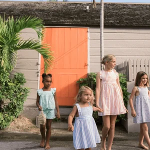 minnow Dresses<Girls Smocked Bib Dress Bahamian Blue Stripe