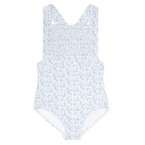 minnow Rashguards<Girls Smocked Crossover One Piece Briland Blue Botanic