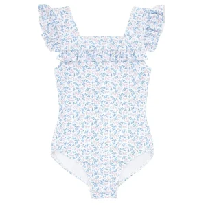 minnow Rashguards<Girls Square Neck Double Ruffle One Piece Briland Blue Botanic
