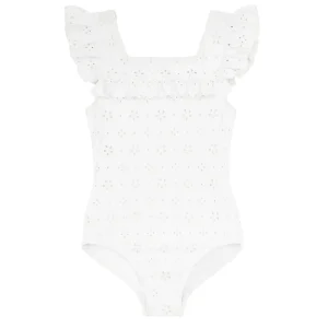 minnow One Pieces<Girls Square Neck Double Ruffle One Piece White Eyelet