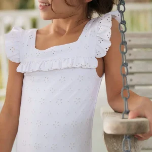 minnow Rashguards<Girls Square Neck Double Ruffle One Piece White Eyelet