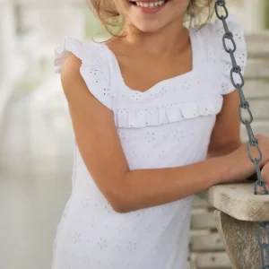 minnow Rashguards<Girls Square Neck Double Ruffle One Piece White Eyelet