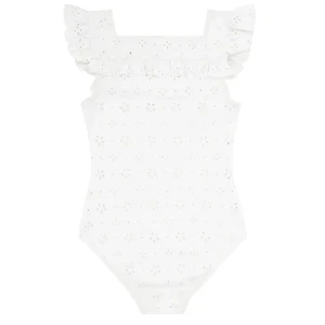 minnow One Pieces<Girls Square Neck Double Ruffle One Piece White Eyelet
