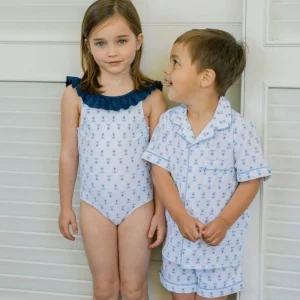 minnow One Pieces< X Petite Plume Girls Ruffle Collar One Pi Botanical Block Print