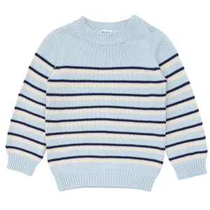 minnow Tops<Unisex Knit Sweater Light Blue Tricolor Stripe